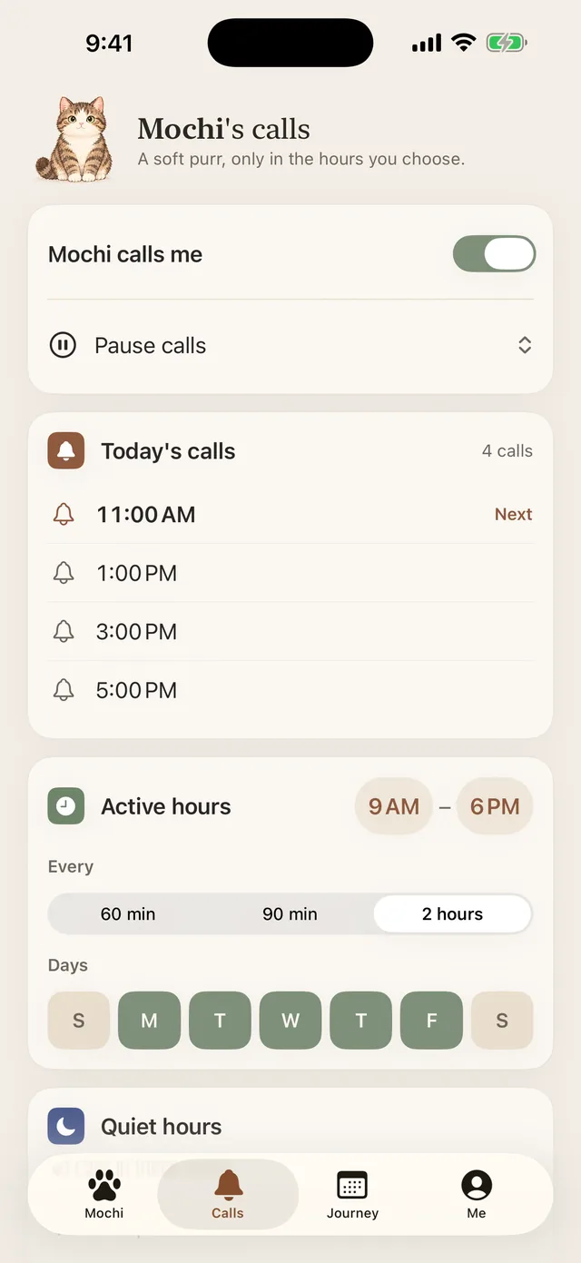 Calls screen with the active hours and today’s calls