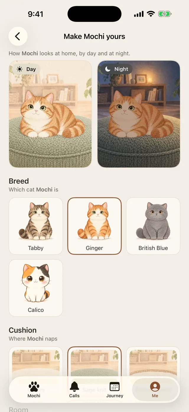 Make Mochi yours: four breeds, cushions and rooms, by day and at night