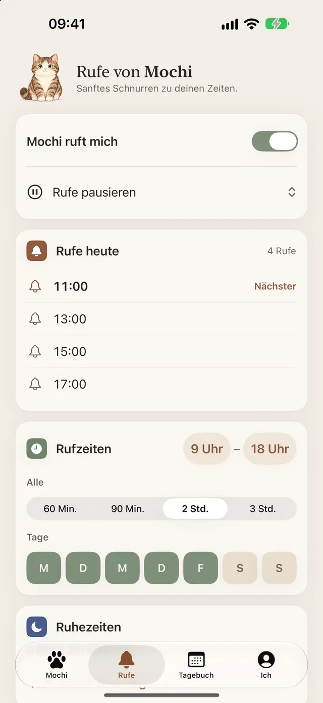 Bildschirm „Rufe“ mit den Rufzeiten und den Rufen von heute