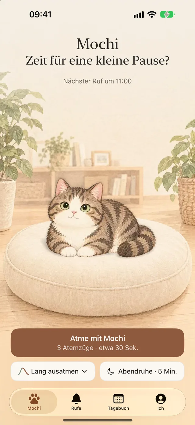 Startbildschirm von MeowBreathe: Mochi auf einem Kissen, mit der Taste „Atme mit Mochi“