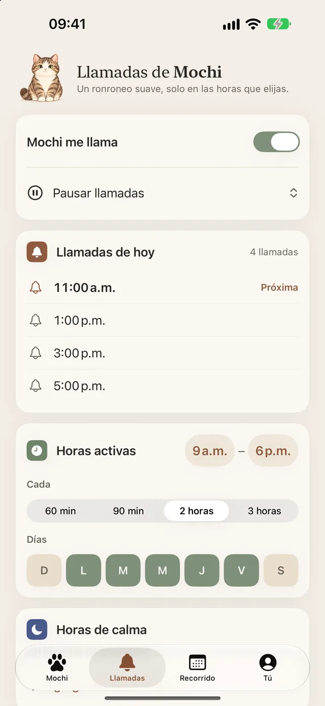 Pantalla Llamadas con las horas activas y las llamadas de hoy