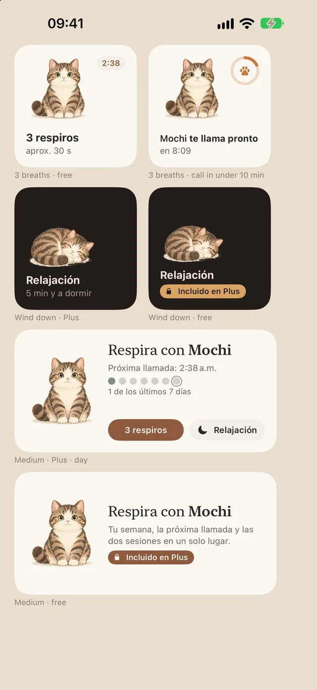 Widgets: 3 respiros, la próxima llamada de Mochi y Relajación