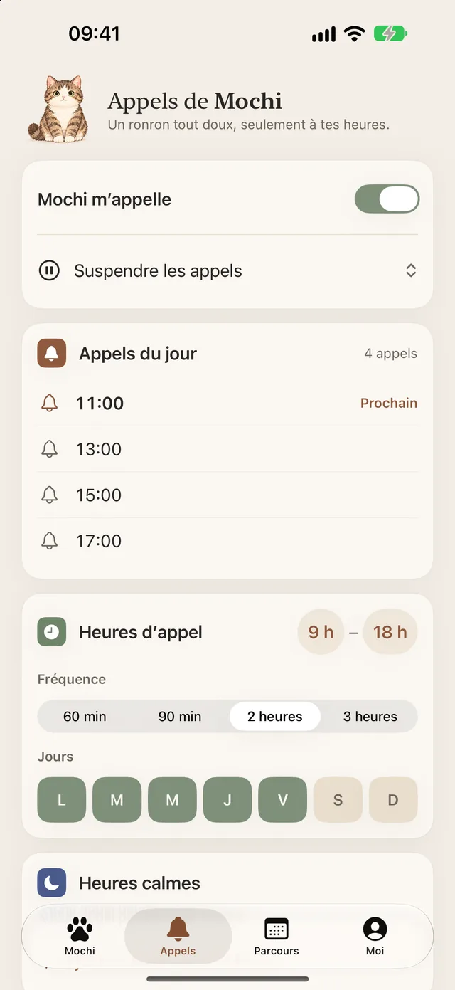 Écran Appels avec les heures d’appel et les appels du jour
