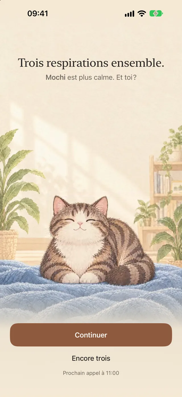 Après les respirations : Mochi est plus calme
