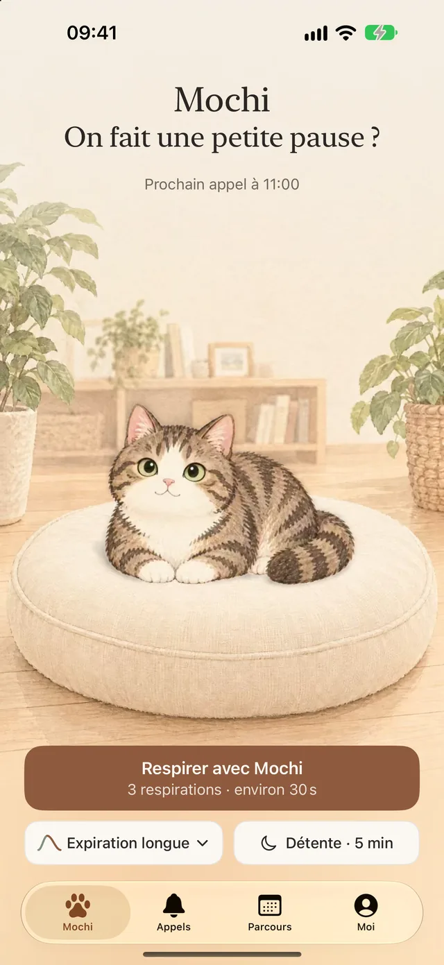 Accueil de MeowBreathe : Mochi, le chat, sur son coussin, avec un bouton Respirer avec Mochi