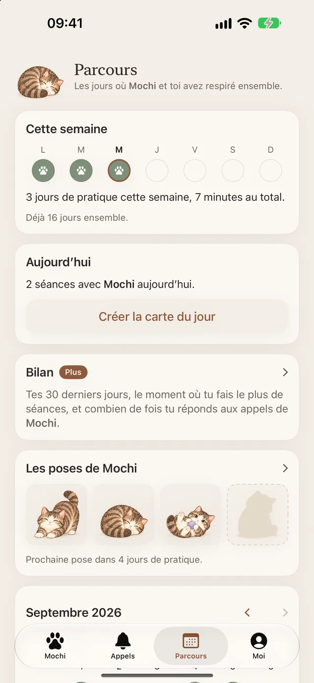 Parcours : cette semaine, aujourd’hui et les poses de Mochi