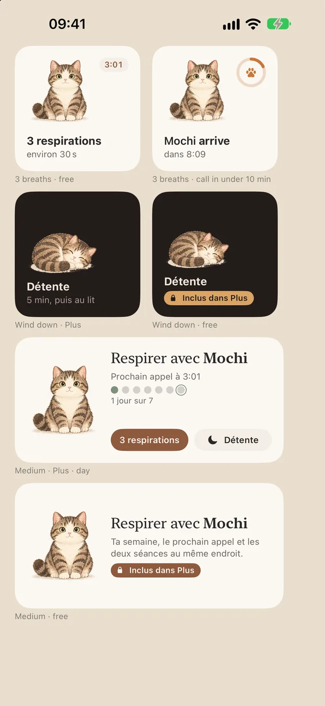Widgets : trois respirations, le prochain appel de Mochi et la détente