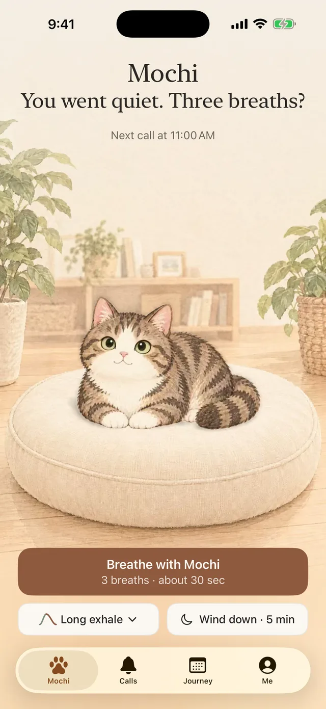 MeowBreathe home screen: Mochi the cat on a cushion, with a Breathe with Mochi button