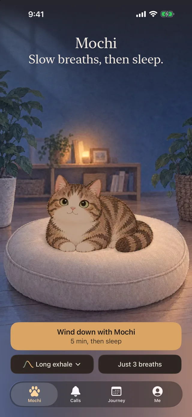MeowBreathe home screen: Mochi the cat on a cushion, with a Breathe with Mochi button