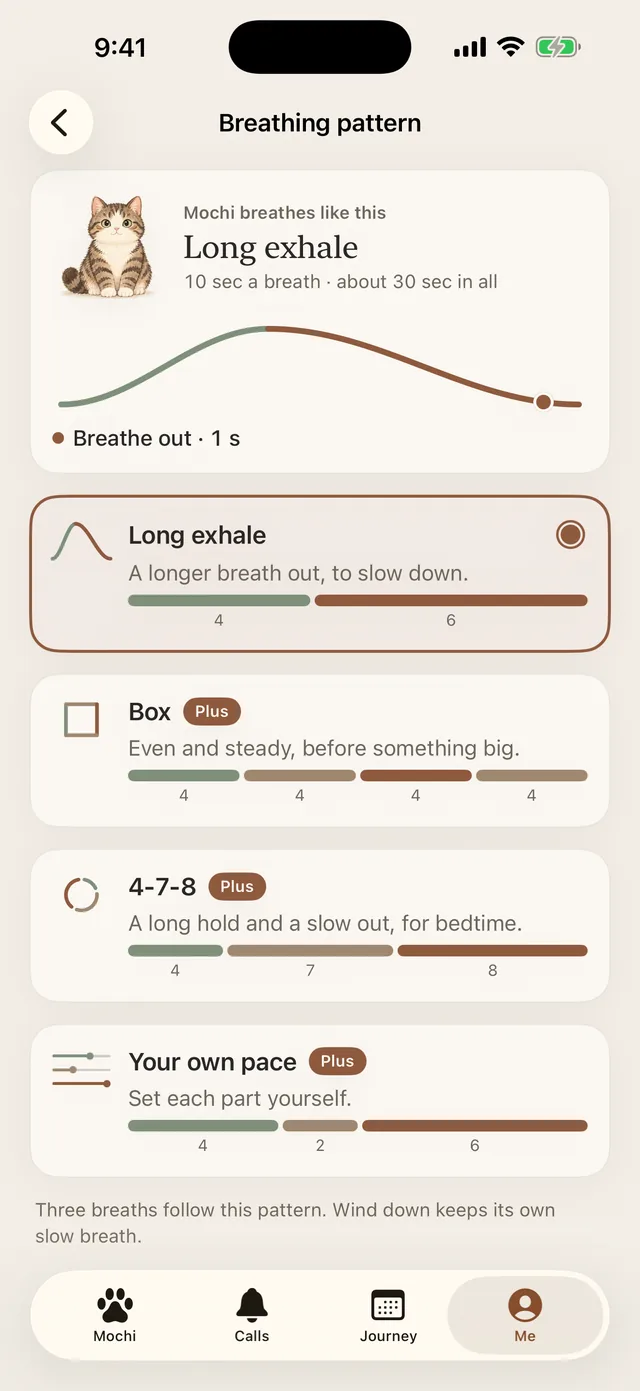 Breathing patterns: Long exhale, Box, 4-7-8 and your own pace